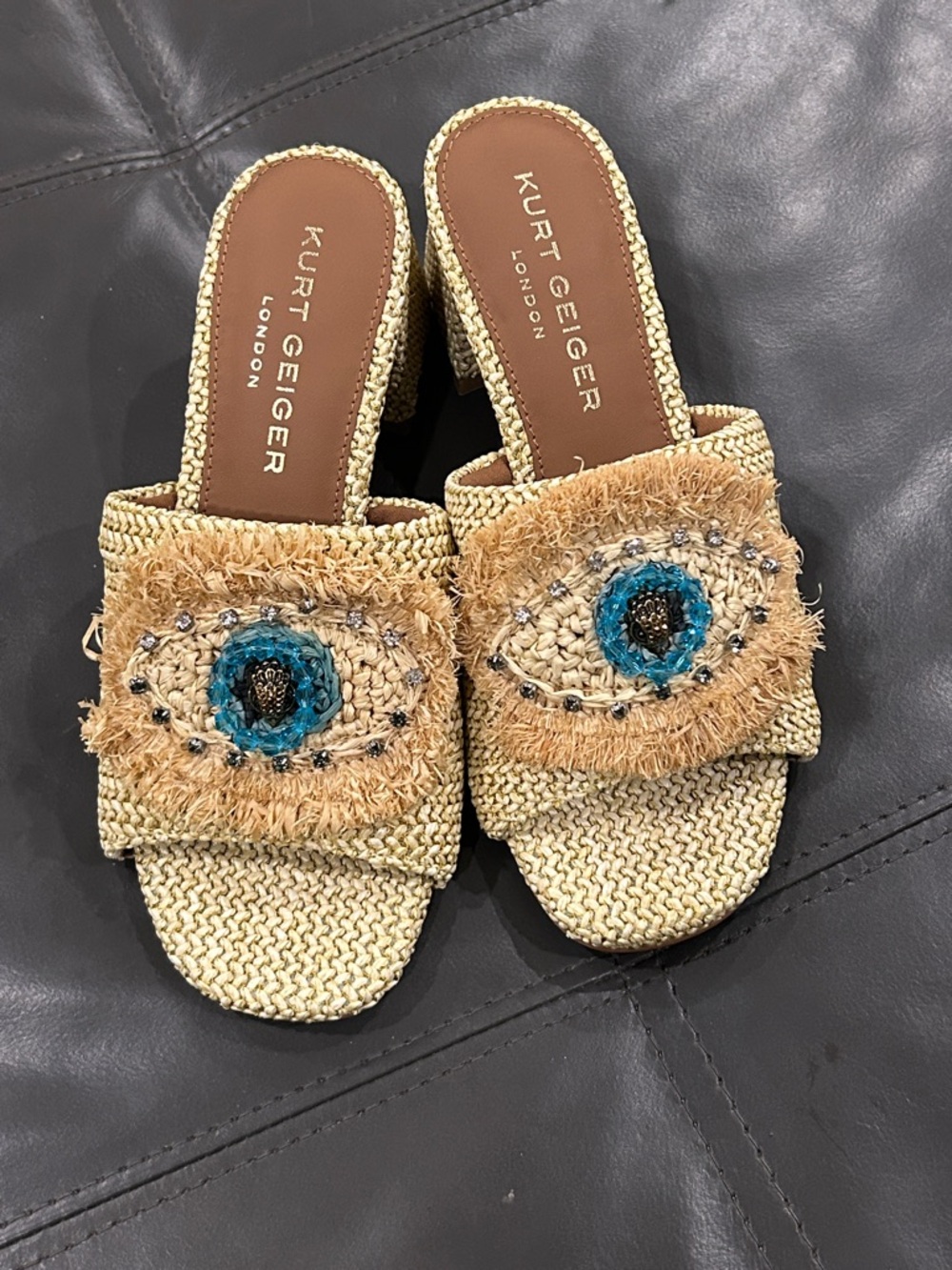 Kurt Geiger Natural Raffia Slide Mules with Turquoise Eye Embellishment